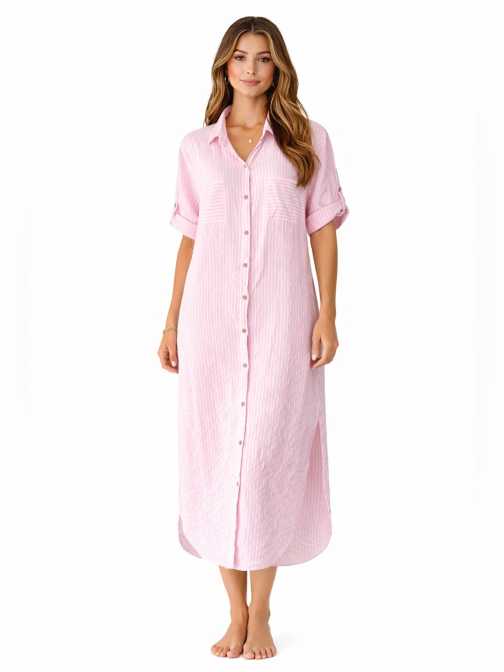 Button-Front Shirt Dress Made in Italy Pink Stripe Relaxed Fit Medium Large